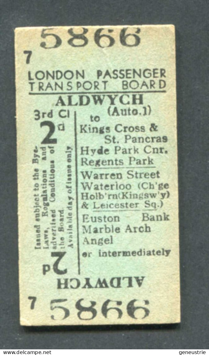 Ticket De Métro Londres Royaume-Uni - Années 30 "Aldwych - London Passenger Transport Board" Edmondson Ticket - Europa