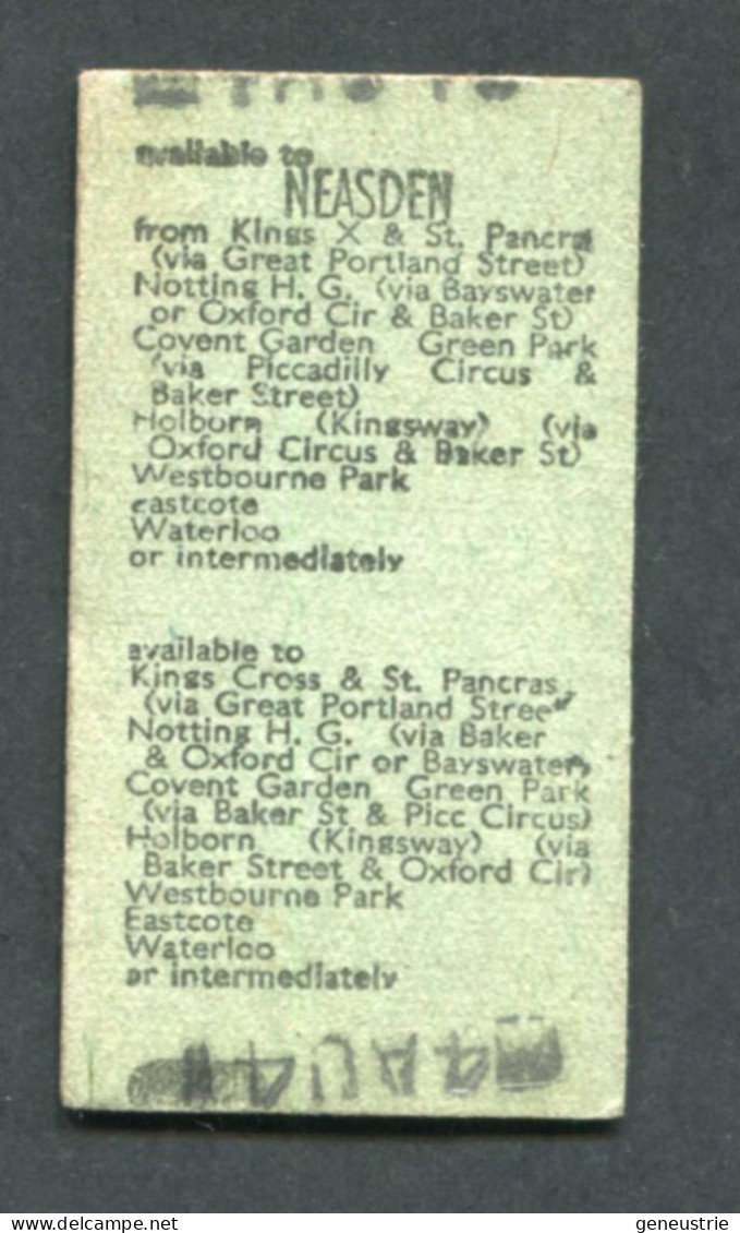 Ticket De Métro Londres Royaume-Uni 1941 "Neasden" London Transport - Edmondson Ticket - Europa