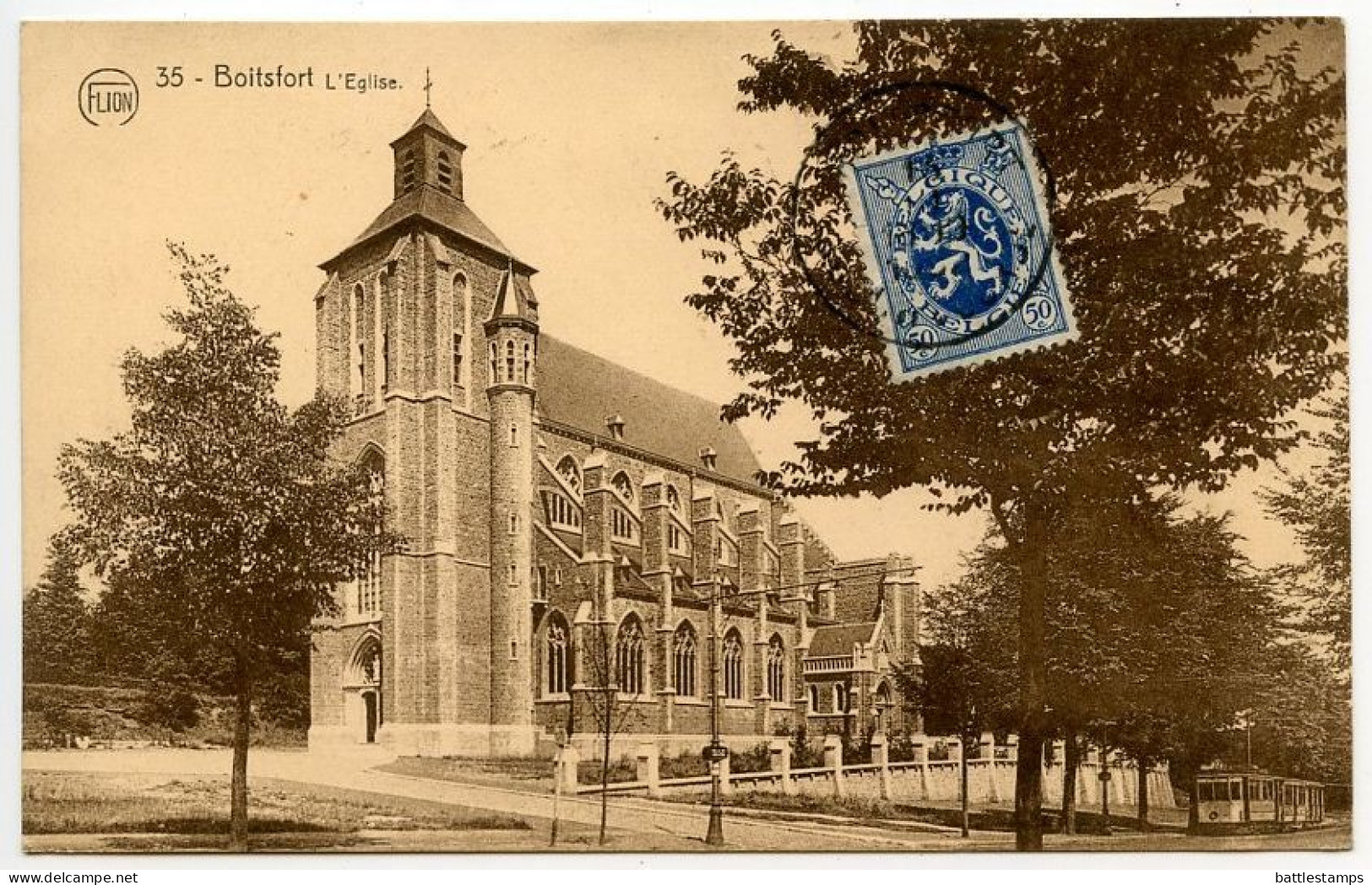 Belgium 1930's Postcard Boitsfort, L'Eglise; Scott 207 - 50c. Lion - Watermael-Boitsfort - Watermaal-Bosvoorde