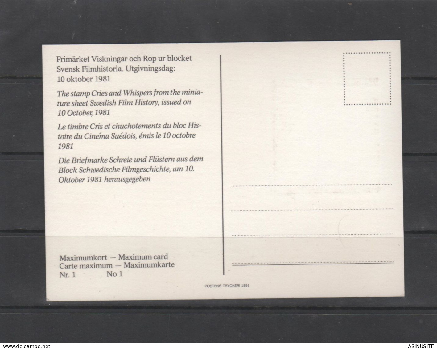 1981 - Suède - Carte Maximum N°1 - Cinéma Suèdois - Lot742 - Maximumkarten (MC)