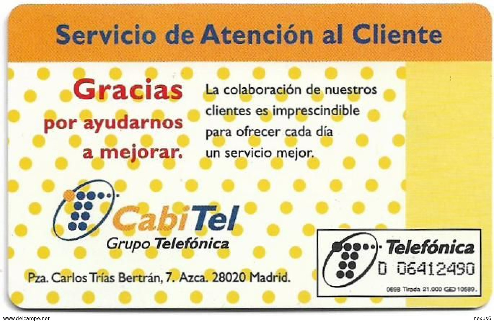 Spain - Telefónica - Servicio De Atencion Al Cliente - P-335 - 06.1998, 100PTA, 21.000ex, Used - Privatausgaben