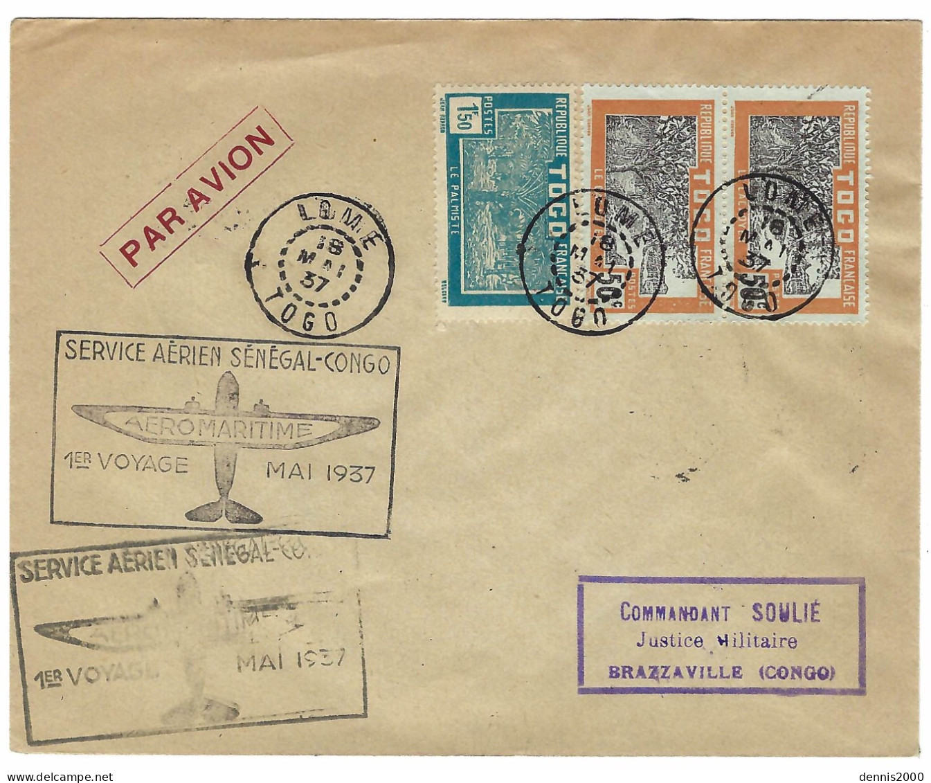 18 -5-1937 - LOME - COTONOU - POINTE-NOIRE  - BRAZZAVILLE   Par Aéromaritime - Brieven En Documenten
