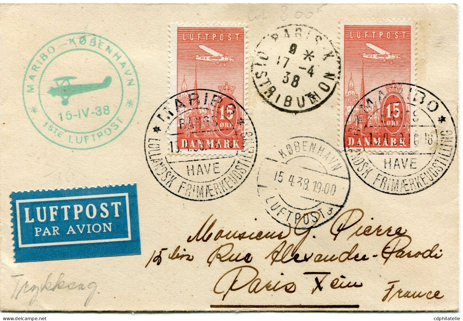 DANEMARK LETTRE PAR AVION AVEC CACHET ILLUSTRE " MARIBO - KOBENHAVN 15 IV 38 1ste LUFTPOST " DEPART MARIBO 13-4-38...... - Poste Aérienne