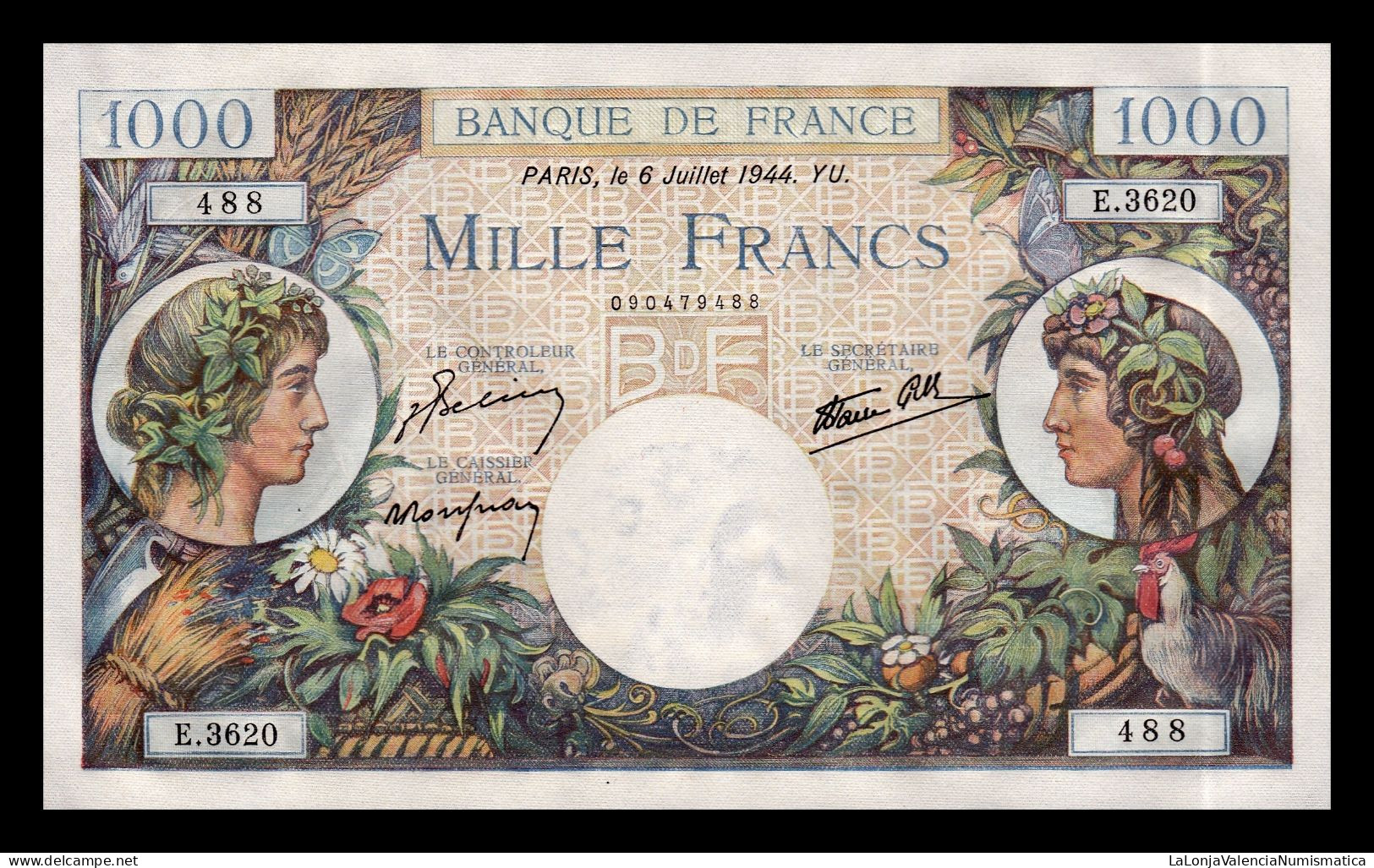 Francia France 1000 Francs 06.07.1944 Pick 96c Sc Unc-a - 1 000 F 1940-1944 ''Commerce Et Industrie''