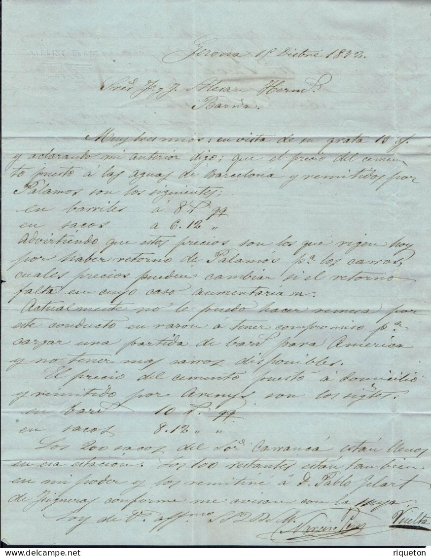 Espagne. 1872. Affranchissement à 12 C Sur Lettre De Gerona Pour Barcelona. - Briefe U. Dokumente