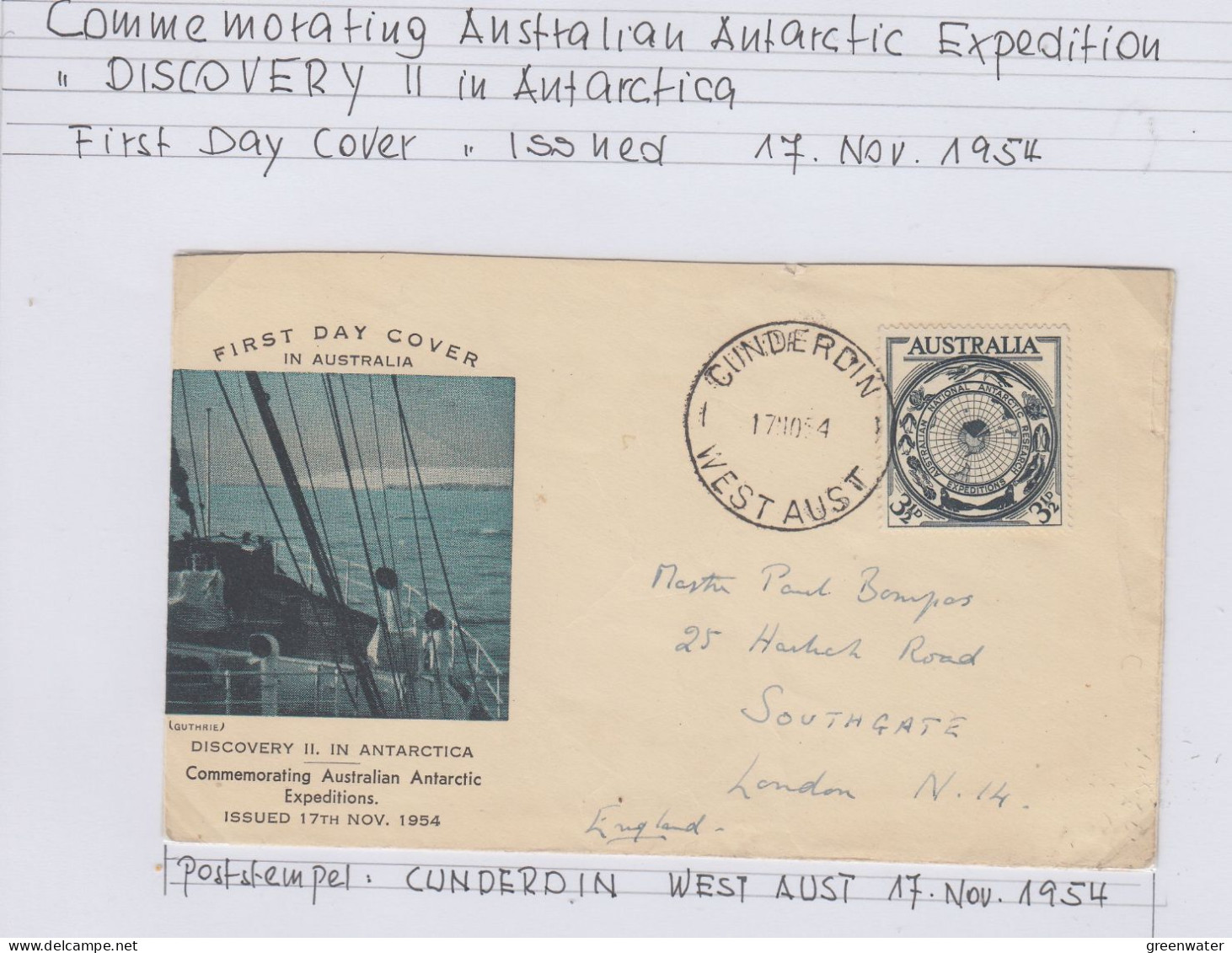 AAT 1954 Discovery In Antarctica FDC Ca Cunderin 17 NOV 1954 (BV184) - FDC