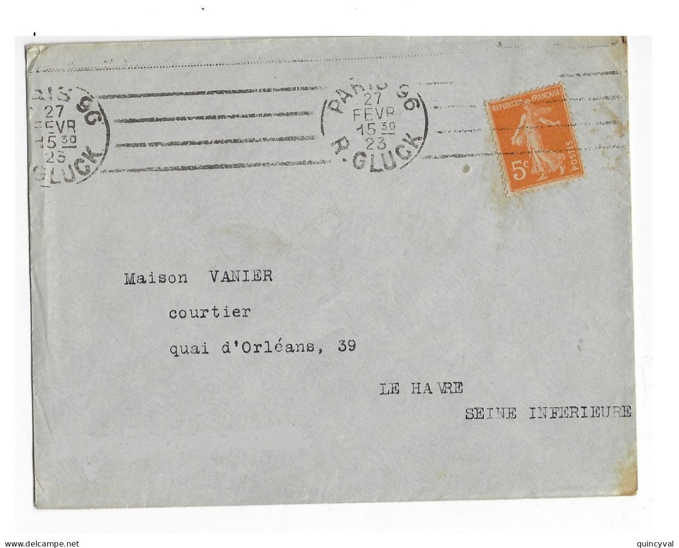 PARIS 96 R Gluck Imprimé 5c Semeuse Orange Ob Flier B096102 Yv 158 Ob 27 2 1923 - Mechanical Postmarks (Other)