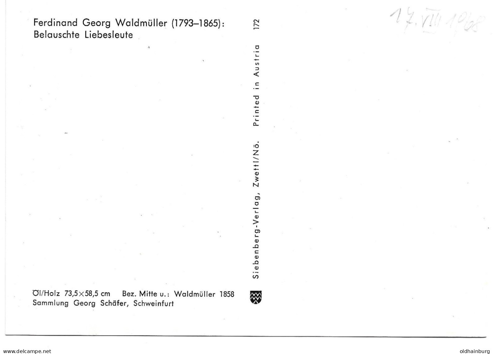 2341k: Siebenberg- Verlag, Zwettl: Kunst- AK Waldmüller, Mit Bleistift Beschriftet "1968" - Zwettl