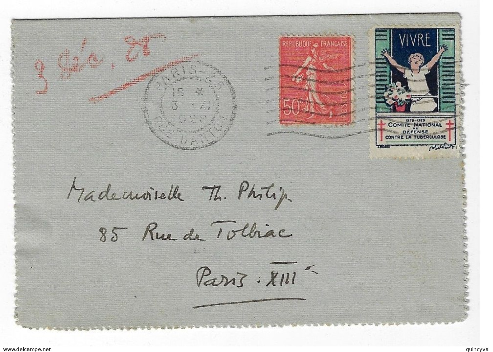 PARIS 25 Rue Danton Carte Lettre 50c Semeuse Lignée Yv 199 Errinophile Tuberculose Ob Meca 1928 - 1903-60 Säerin, Untergrund Schraffiert