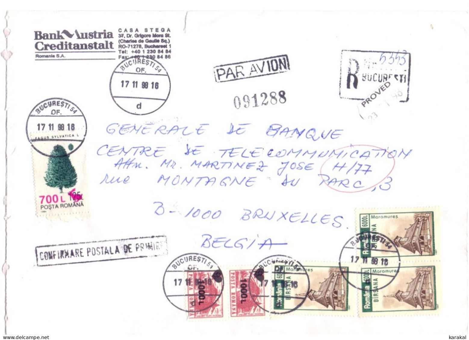 Bank Mail Roumanie Romania Large Envelope Registered Recommandée Bucuresti To Bruxelles Belgium 1998 - Storia Postale