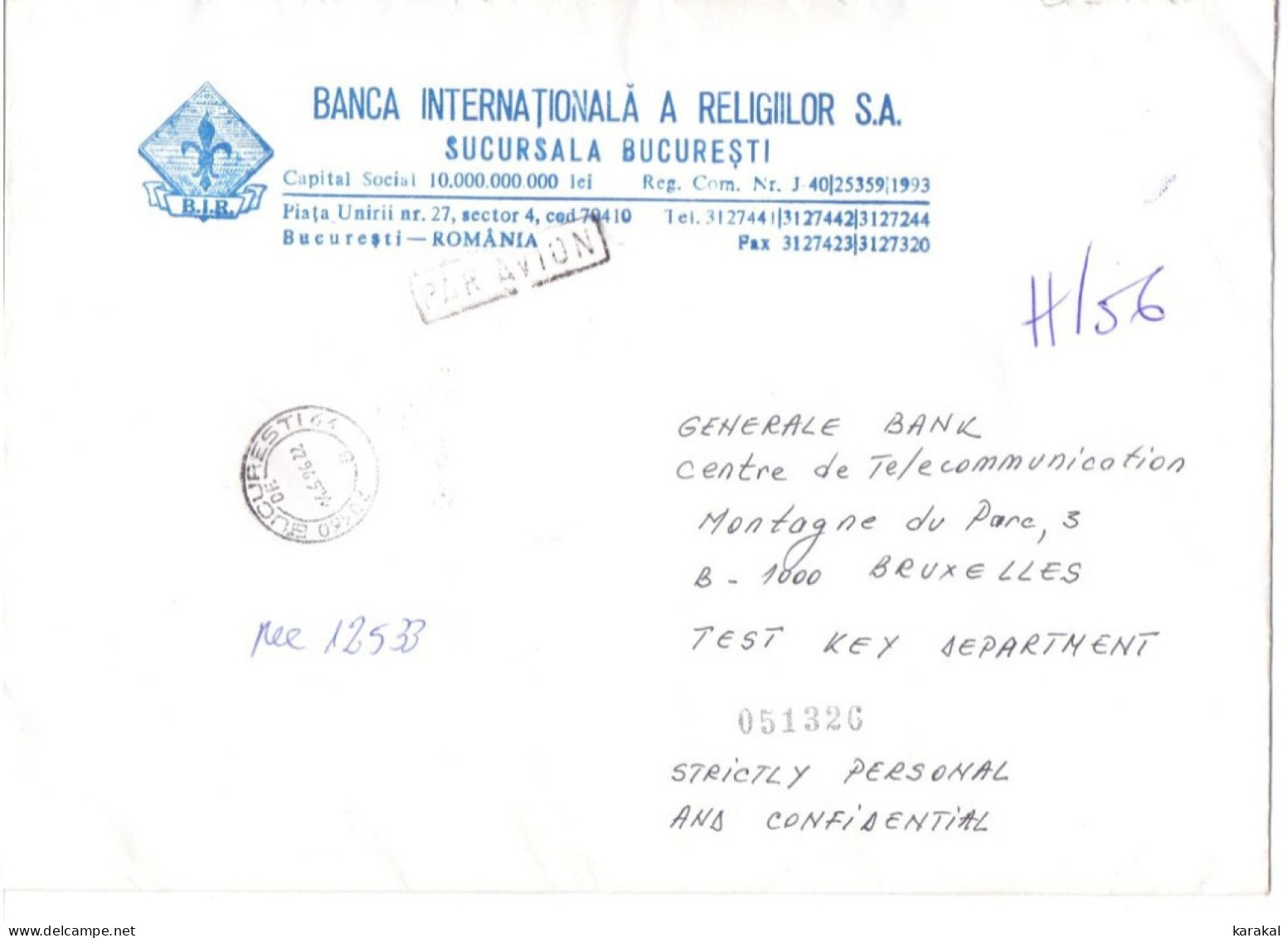 Bank Mail Romania Roumanie Large Envelope Registered Recommandée Bucuresti To Bruxelles Belgium 1996 - Storia Postale