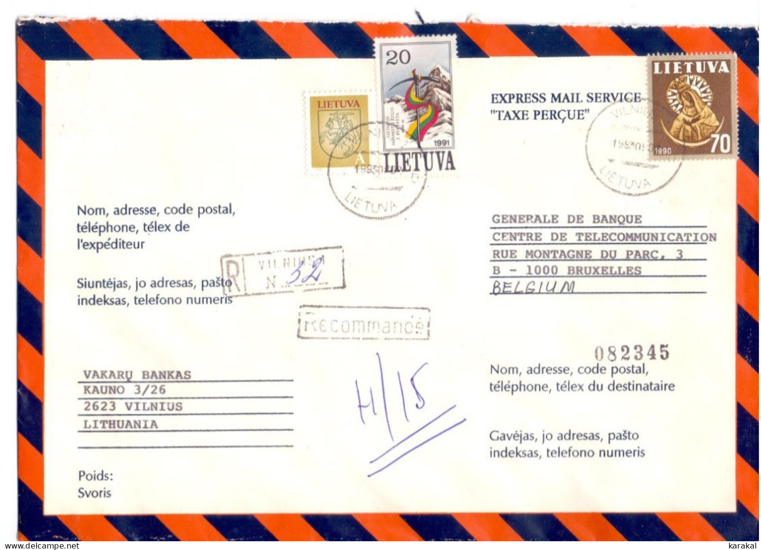 Bank Mail Lithuania Lietuva Large Envelope Registered Recommandée Express Vilnius To Bruxelles Belgium 1993 - Covers & Documents