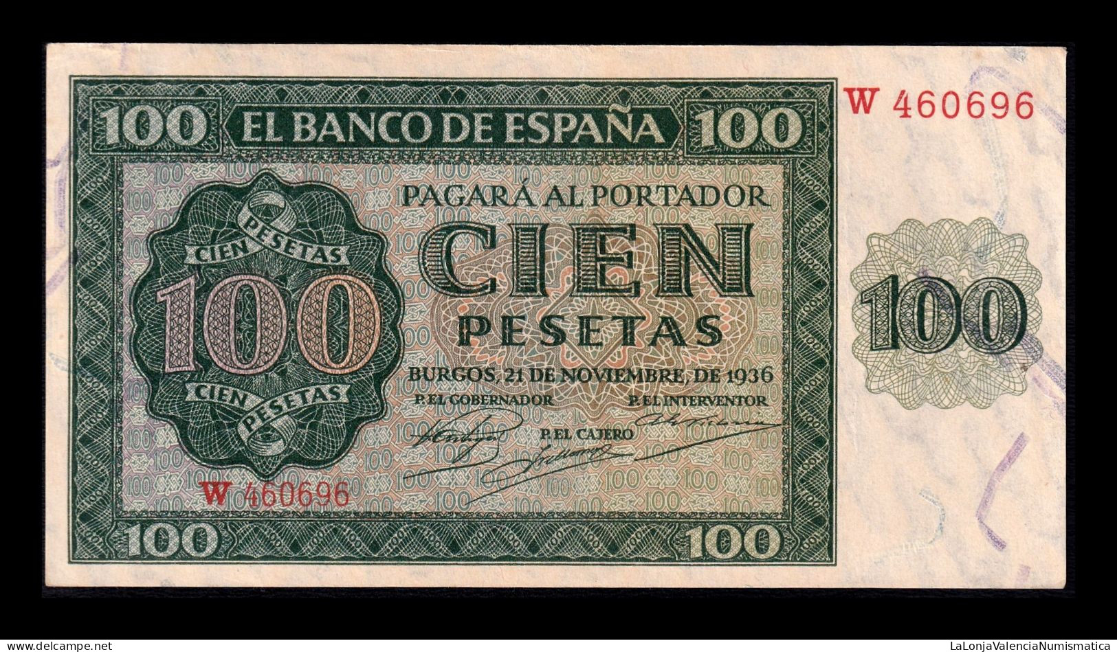 España Spain 100 Pesetas Burgos 1936 Pick 101 Sc- AUnc - 100 Peseten