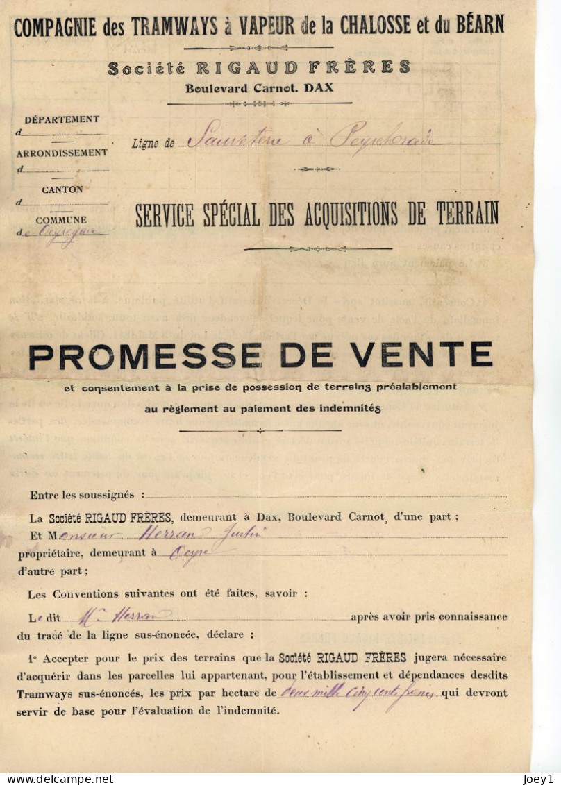 Ensemble Documents CIE Des Tramways à Vapeur De La Chalosse Et Du Béarn Promesse De Vente Année 1914 - Transport