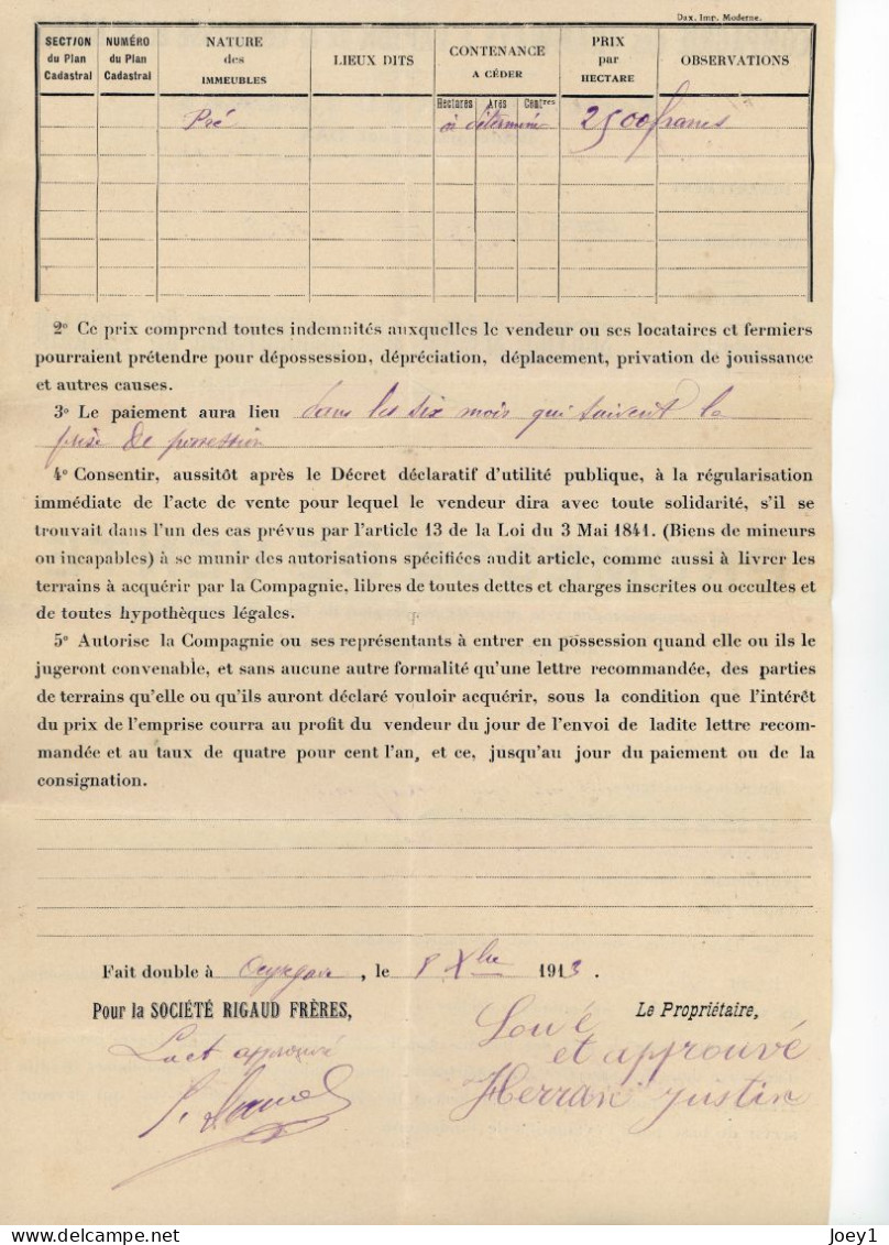 Ensemble Documents CIE Des Tramways à Vapeur De La Chalosse Et Du Béarn Promesse De Vente Année 1914 - Transports
