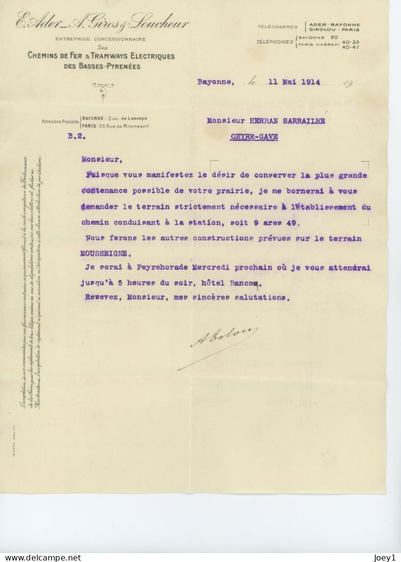 Ensemble Documents CIE Des Tramways à Vapeur De La Chalosse Et Du Béarn Promesse De Vente Année 1914 - Transport