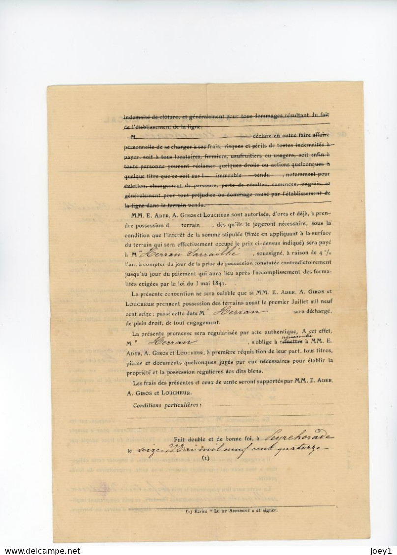 Ensemble Documents CIE des Tramways à Vapeur de la Chalosse et du Béarn Promesse de vente année 1914