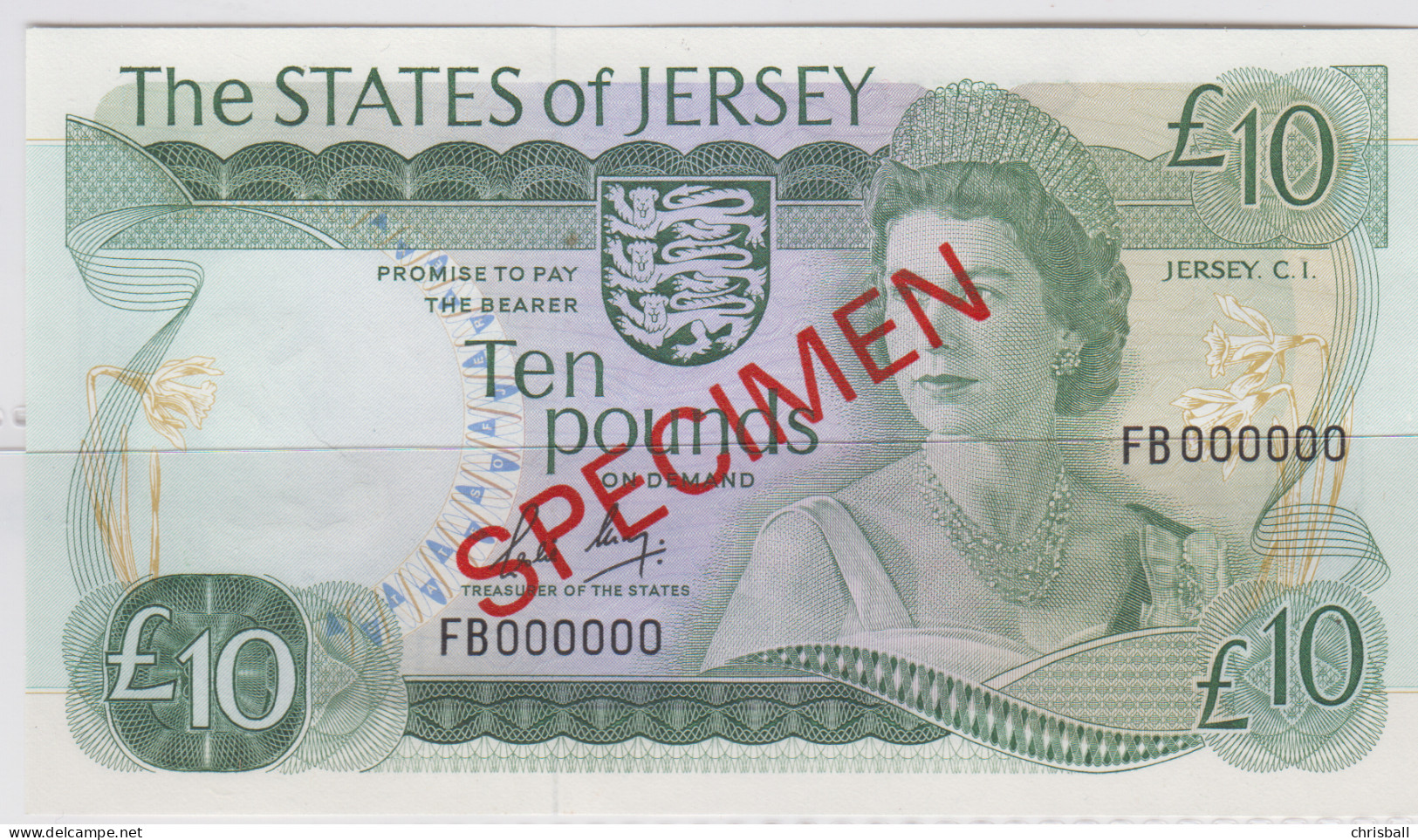 Jersey Banknote Ten Pound (Pick 13as)  SPECIMEN Overprint Code FB - Superb UNC Condition - Jersey