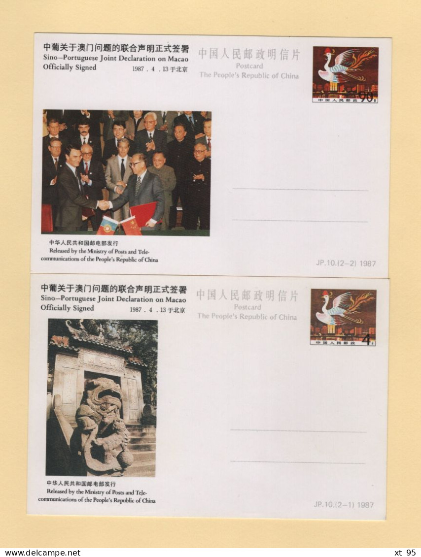 Chine - 2 Entiers Postaux Neufs - JP10 (2-1 Et 2-2) - Sino Portuguese Joint Declaration On Macao Officially Signed - Postcards