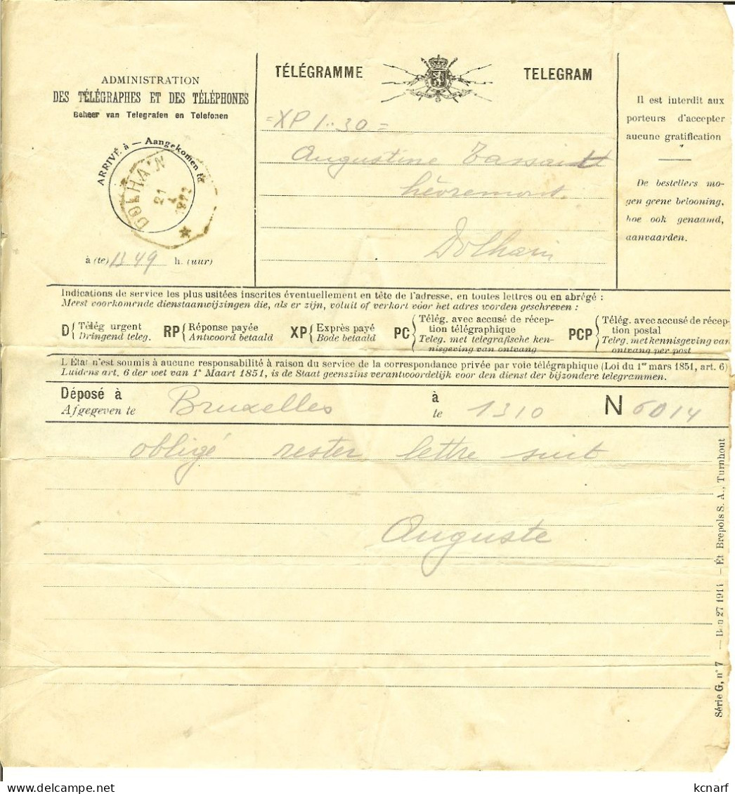 Télégramme - Telegram BRUXELLES - DOLHAIN 1922 - Telegramas