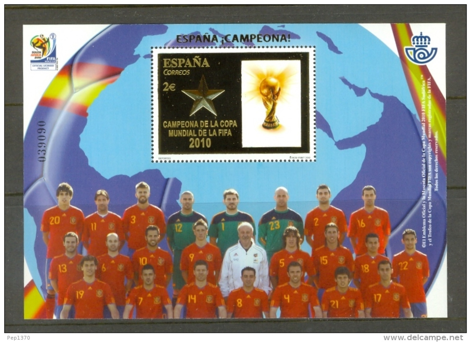 ESPAÑA 2010 - ESPAÑA, CAMPEONA DEL MUNDO DE FÚTBOL - BLOCK CON SELLO DE ORO - EDIFIL Nº 4608 - 2010 – Sud Africa