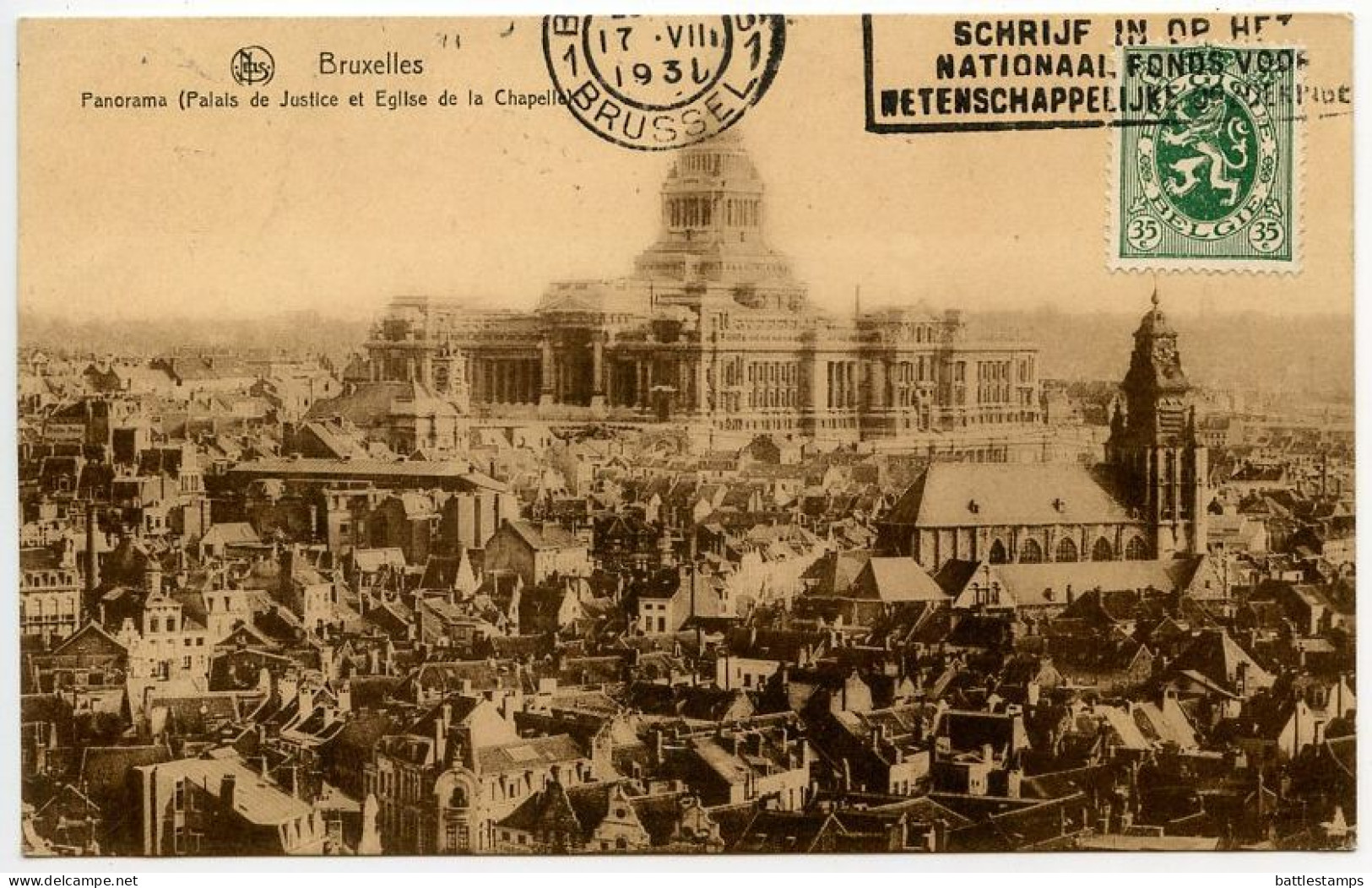 Belgium 1931 Postcard Bruxelles / Brussel, Panorama - Palais De Justice Et Eglise De La Chapelle; Scott 205 - Lion - Panoramische Zichten, Meerdere Zichten