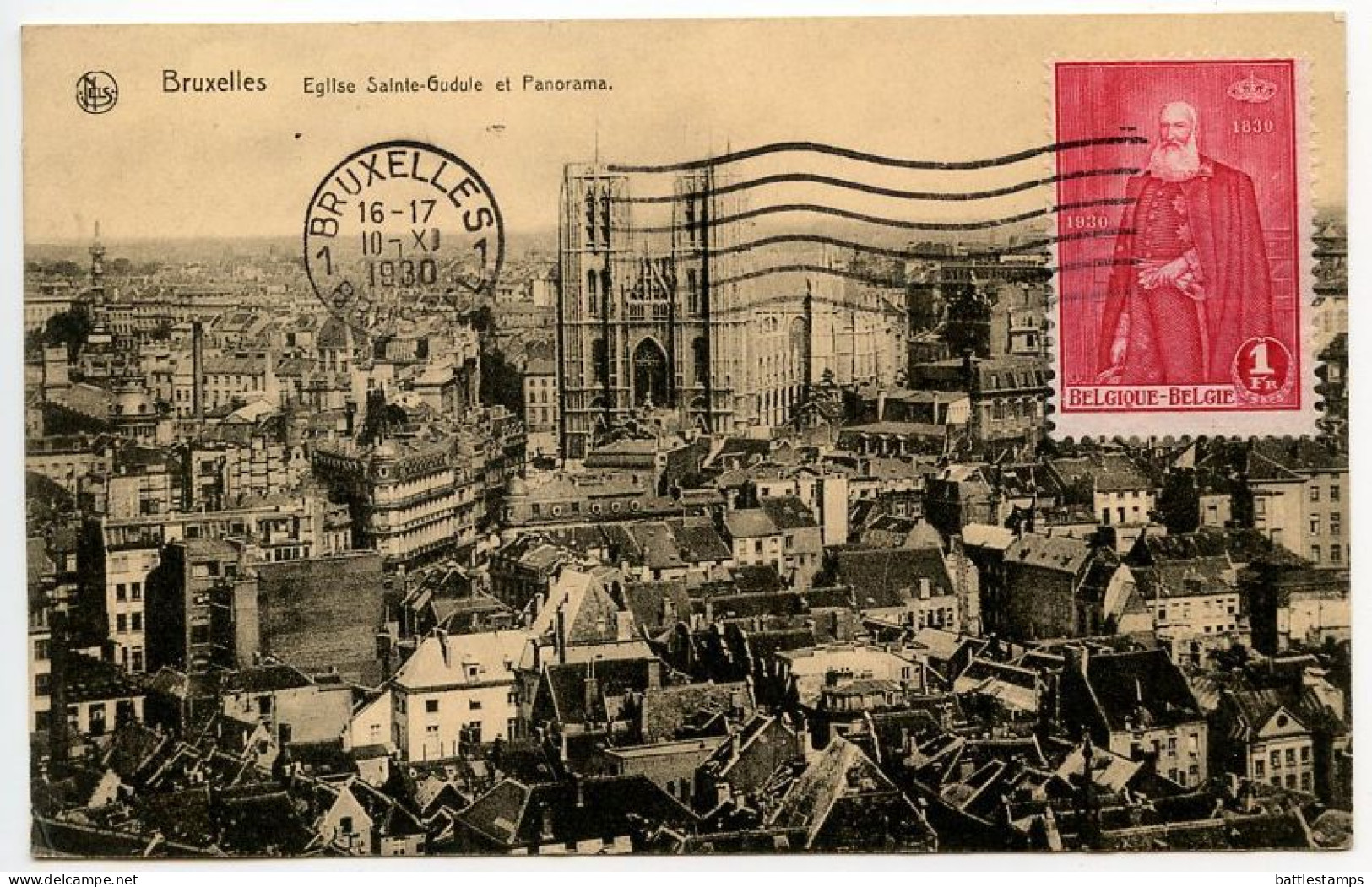 Belgium 1930 Postcard Bruxelles / Brussel, Panorama Et Eglise Saint-Gudule; Scott 219 - 1fr. Leopold II - Panoramische Zichten, Meerdere Zichten