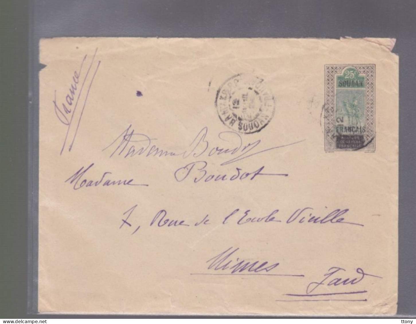 1  Timbres Soudan Français     25 C   Année 1924  Destination   Nîmes      Gard ( Sans Correspondance ) - Lettres & Documents