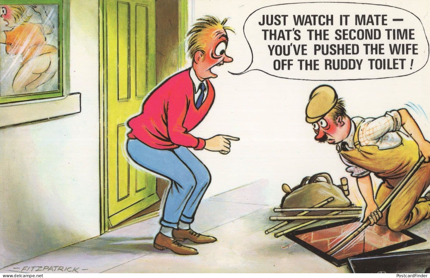 Wife Trapped In Toilet Crazy Plumber 1970s Comic Postcard - Rollen