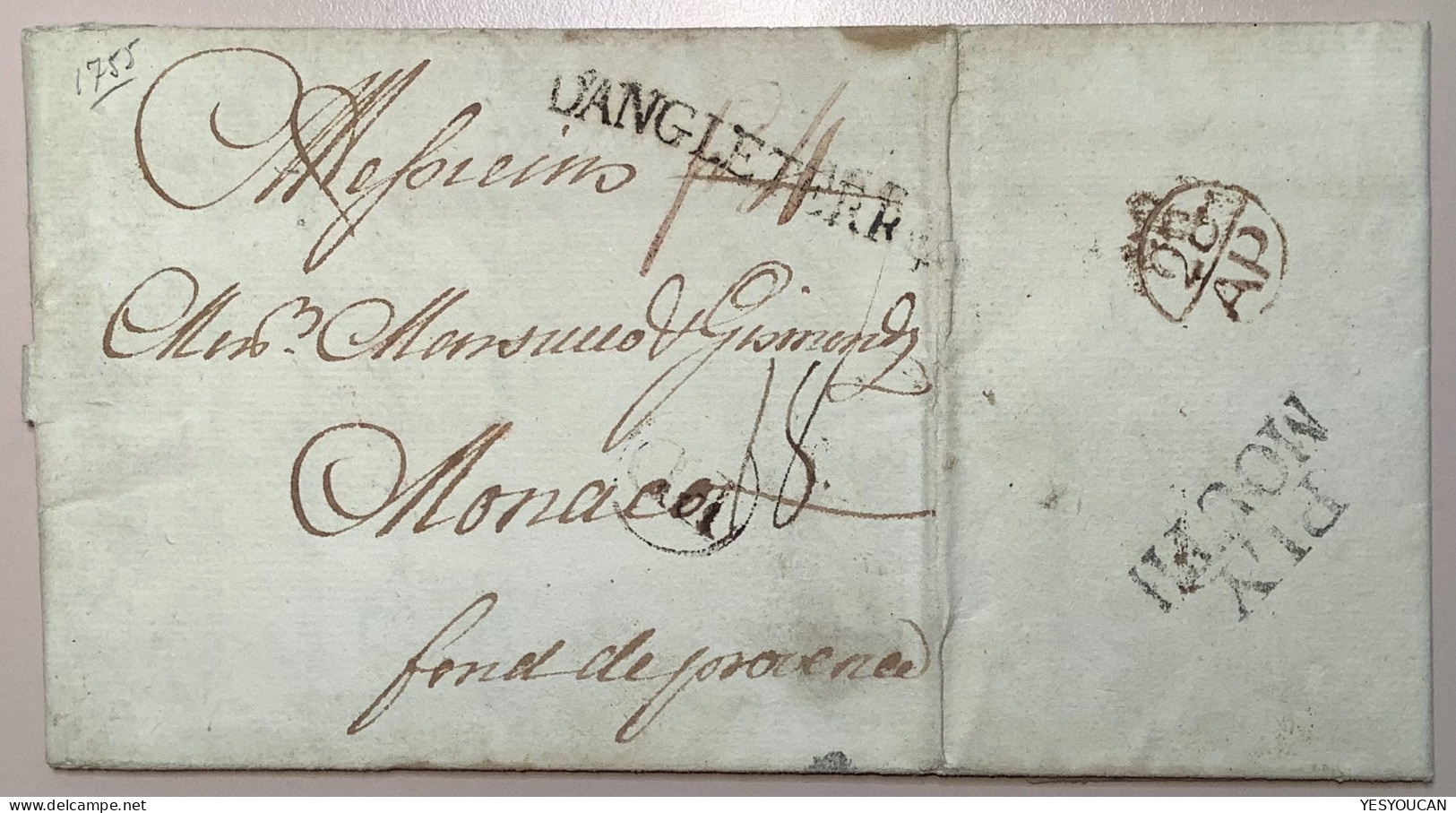 1755 ! PLYMOUTH> MONACO: EARLIEST RECORDED MAIL FROM GB  (D’ ANGLETERRE, France Bishop Mark Cover Lettre Great Britain - ...-1885 Préphilatélie