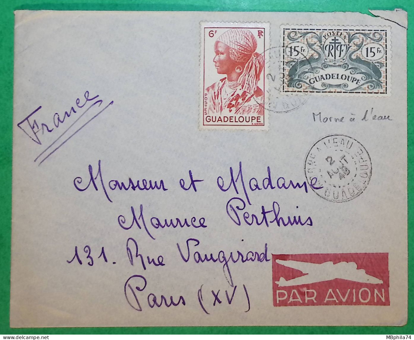 LETTRE PAR AVION MORNE A L'EAU GUADELOUPE POUR PARIS RUE VAUGIRARD COVER FRANCE - Poste Aérienne