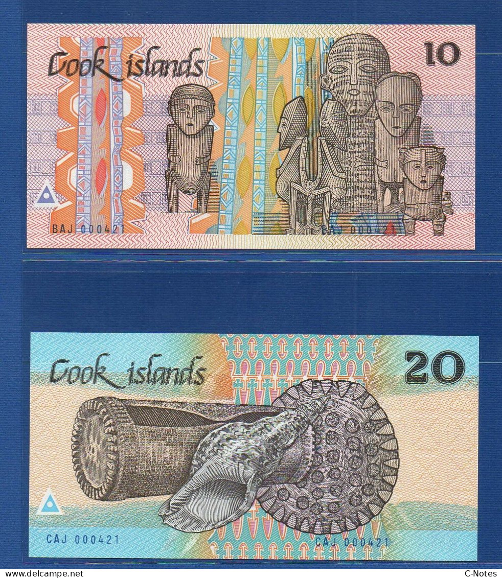 COOK ISLANDS - SET P. 4 + P. 5 –  10 + 20 Dollars ND (1987) UNC, S/n BAJ 000421 + CAJ 000421 LOW NUMBER - Cook