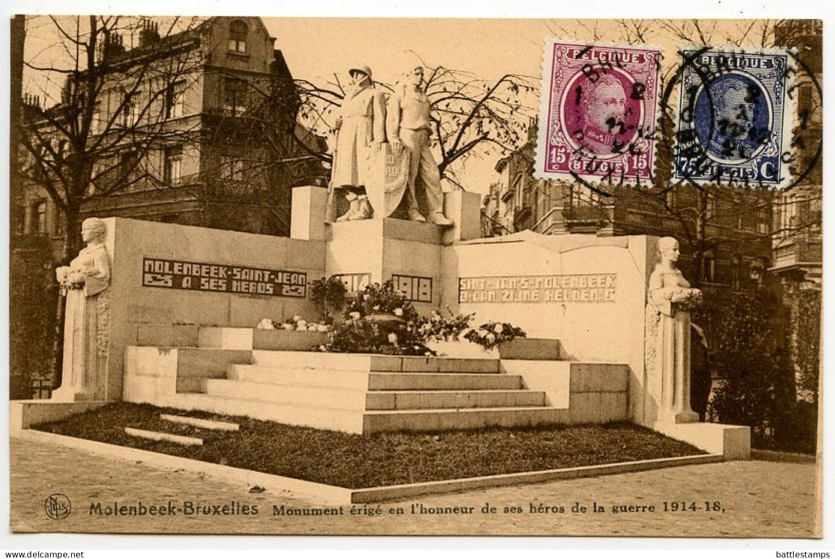 Belgium 1926 Postcard Molenbeek-Bruxelles, World War I Heroes Monument; Scott 149 & 185 - 15c. & 75c. Prince Albert I - Molenbeek-St-Jean - St-Jans-Molenbeek