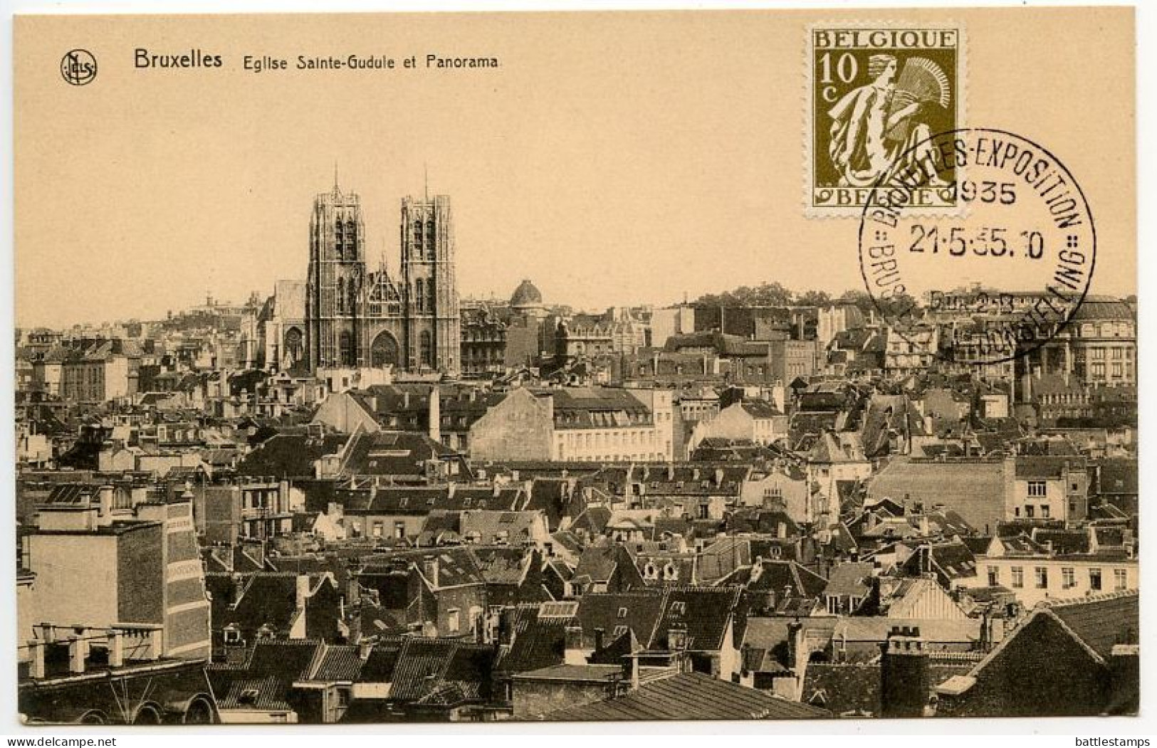 Belgium 1935 Postcard Bruxelles / Brussel, Eglise Sainte-Gudule Et Panorama; Exposition / Tentoonstelling Postmark - Panoramische Zichten, Meerdere Zichten