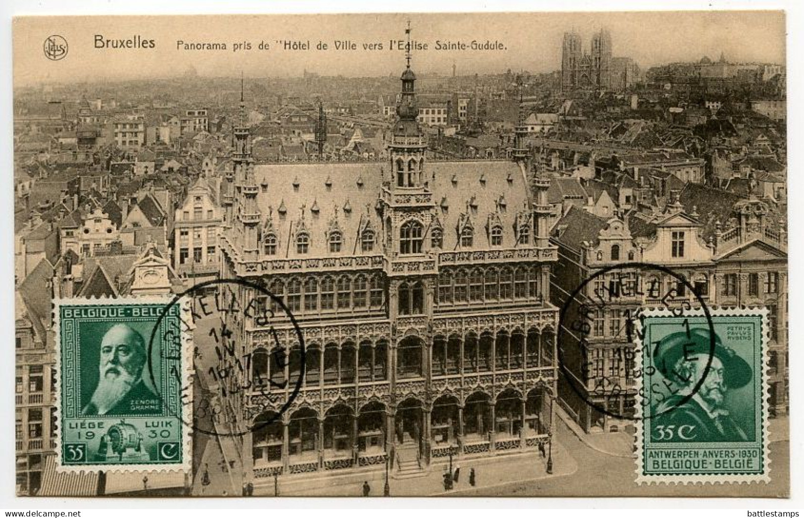 Belgium 1931 Postcard Bruxelles/Brussel, Panorama - Hotel De Ville & Eglise Sainte-Gudule; Scott 216-217 Rubens & Gramme - Panoramische Zichten, Meerdere Zichten