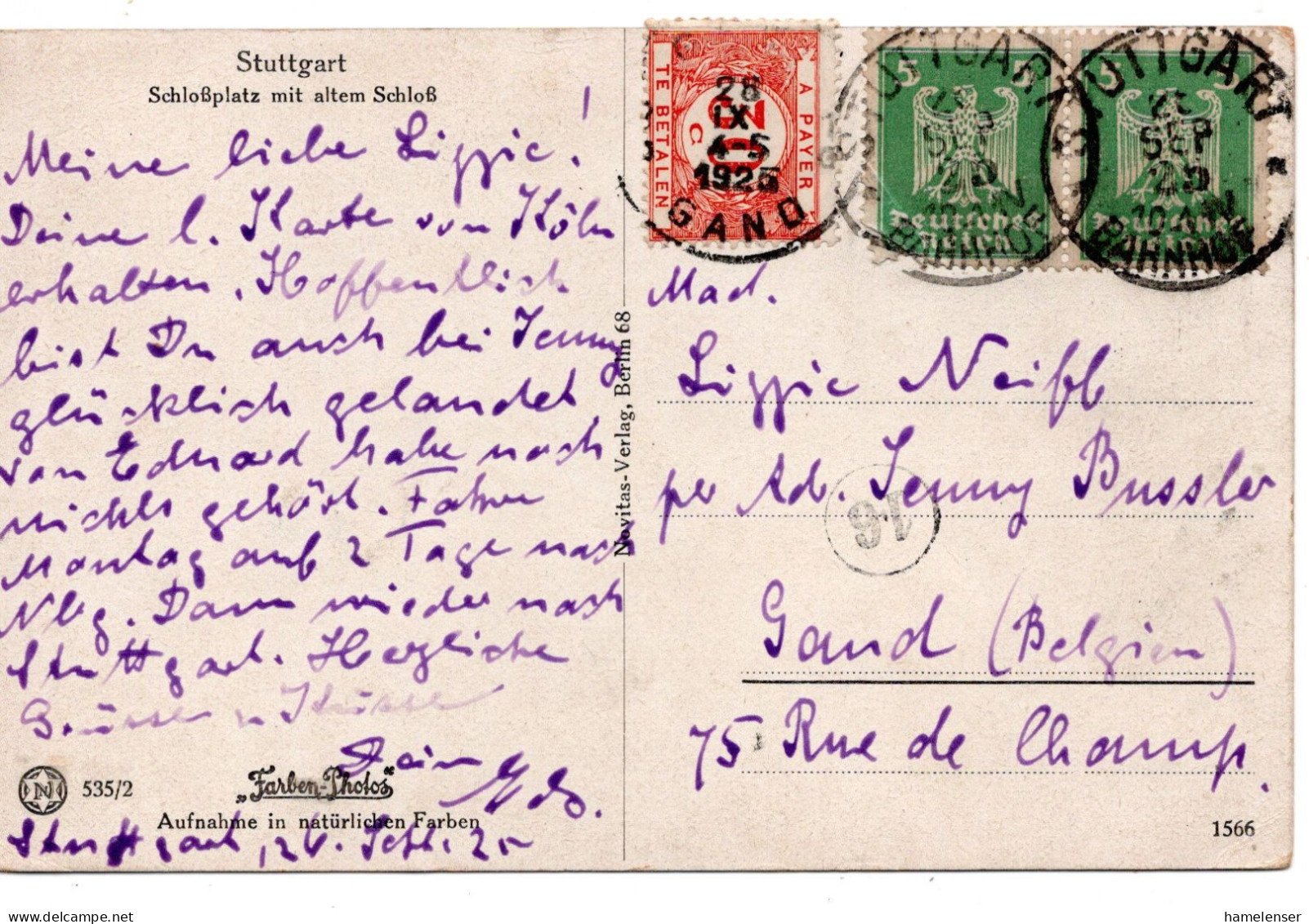 65980 - Deutsches Reich - 1925 - 2@5Pfg Adler A AnsKte STUTTGART -> GENT (Belgien), M 30c Nachporto, Teils Kl Mgl - Briefmarken