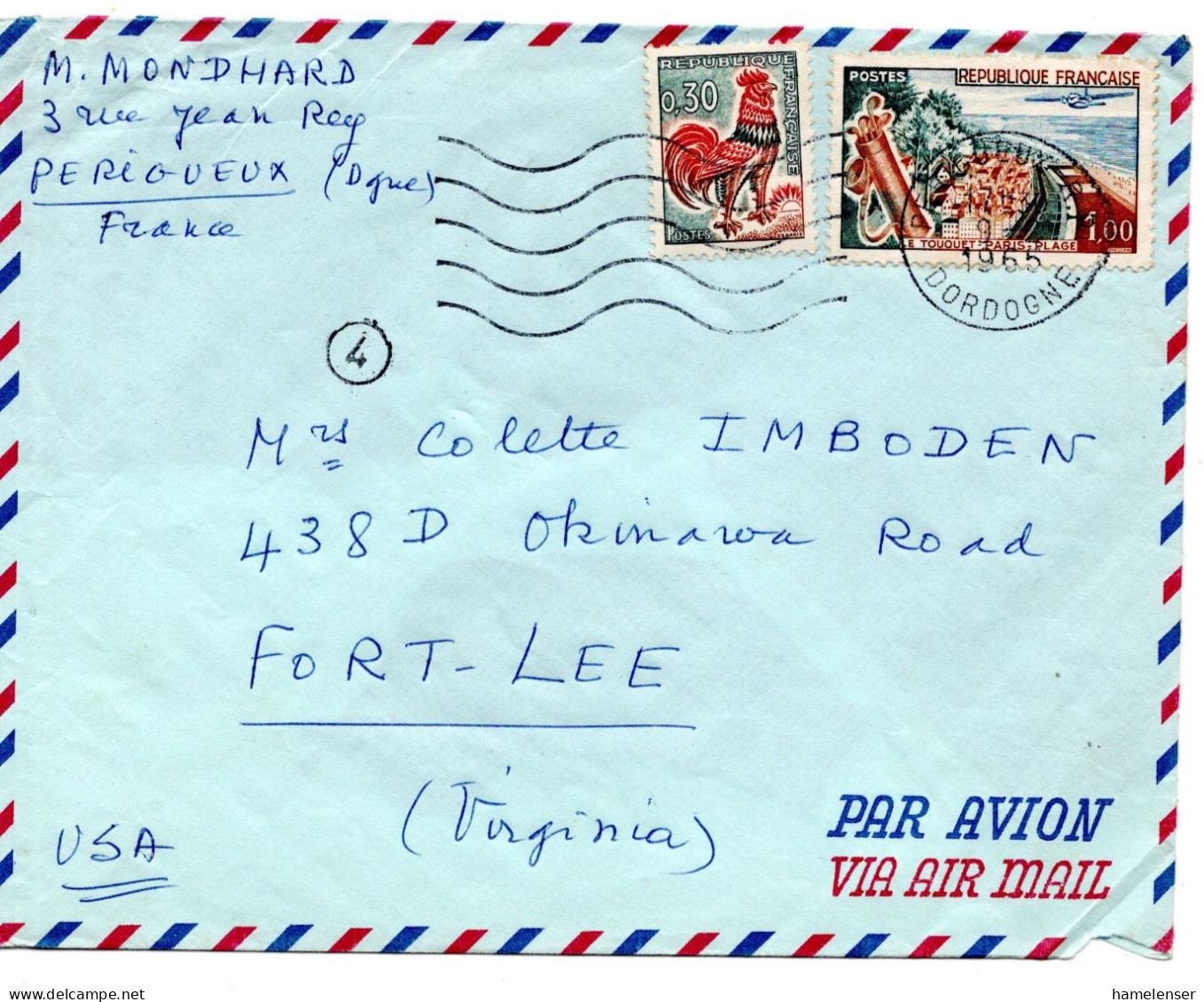 65983 - Frankreich - 1965 - 1,00F Le Touquet MiF A LpBf PERIGUEUX -> Fort Lee, VA (USA) - Brieven En Documenten