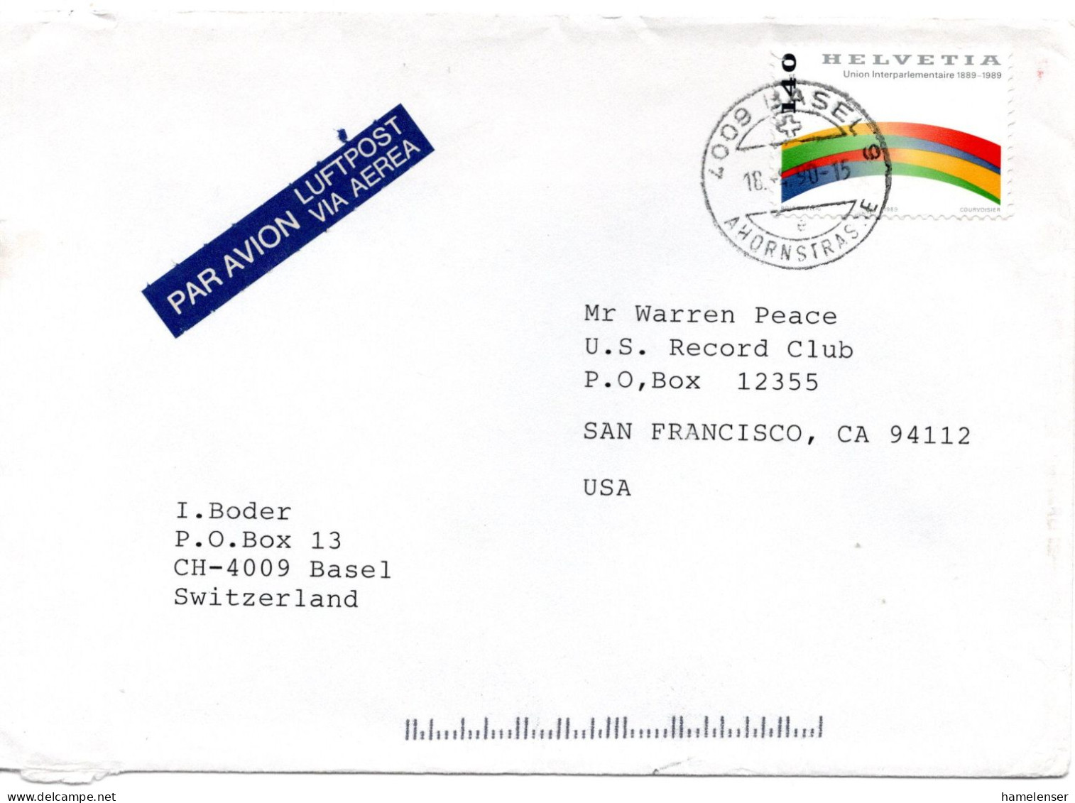 65984 - Schweiz - 1990 - 140Rp Interparlamentarische Union EF A LpBf BASEL -> San Francisco, CA (USA) - Covers & Documents