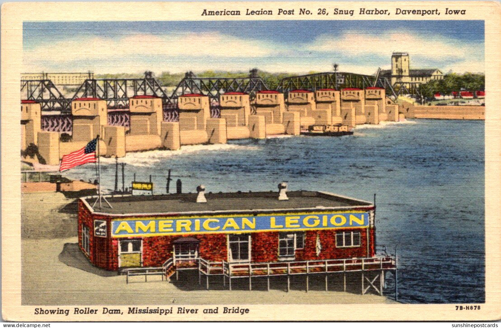 Iowa Davenport Snug Harbor American Legion Post No 26 Showing Roller Dam Mississippi River And Bridge Curteich - Davenport