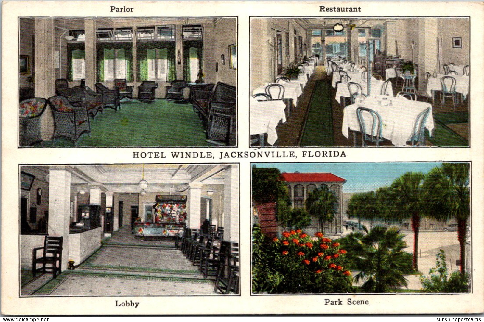 Florida Jacksonville Hotel Windle Parlor Restaurant Lobby And Park Scene - Jacksonville