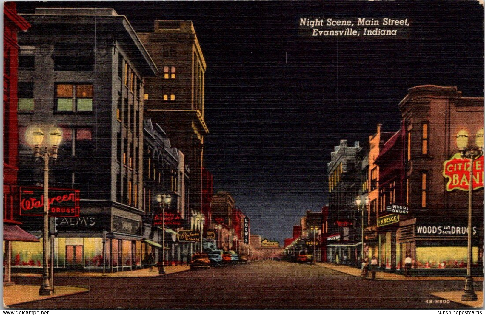 Indiana Evansville Main Street At Night 1947 Curteich - Evansville