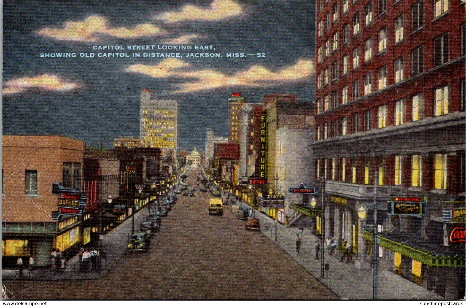 Mississippi Jackson Capitol Street Looking East Showing Old Capitol In Distance At Night - Jackson