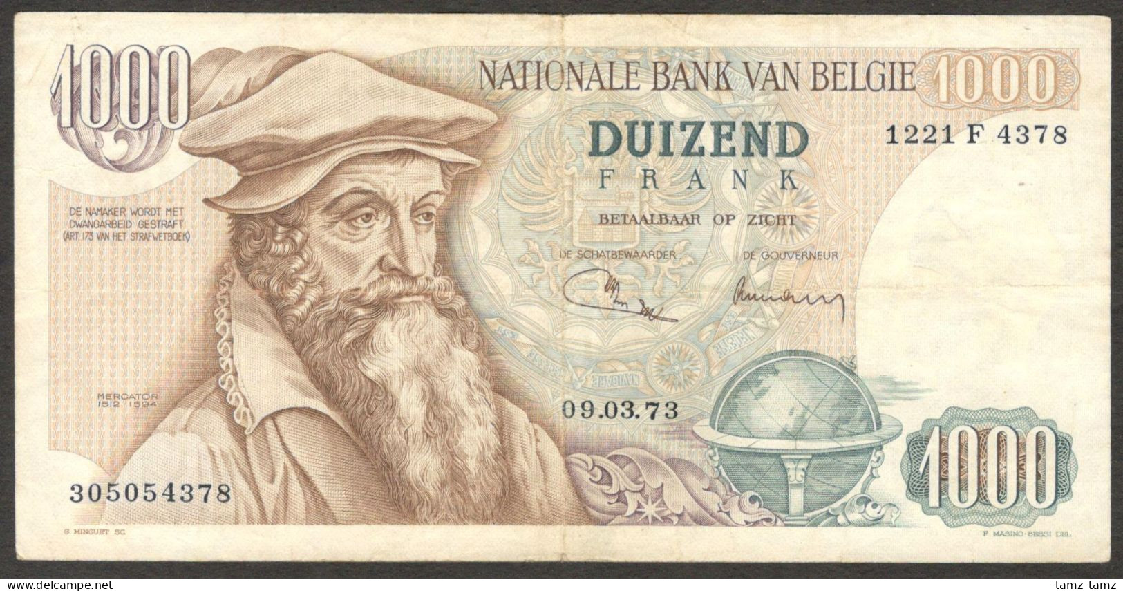 Belgia Belgium Belgique 1000 1,000 Francs Frank 1973 VF S/N 1221 F 4378 - 1000 Francs
