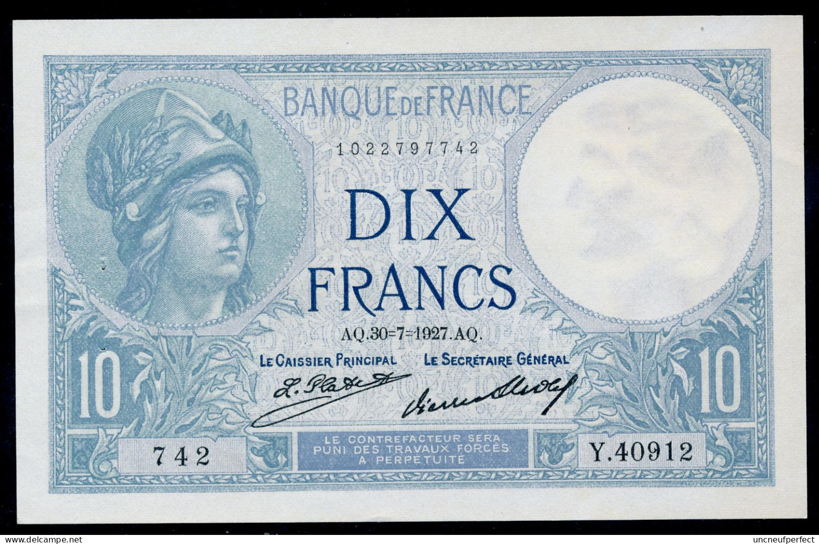 10 Francs 1927 Fay- F.06-12a SPL AUNC - 10 F 1916-1942 ''Minerve''