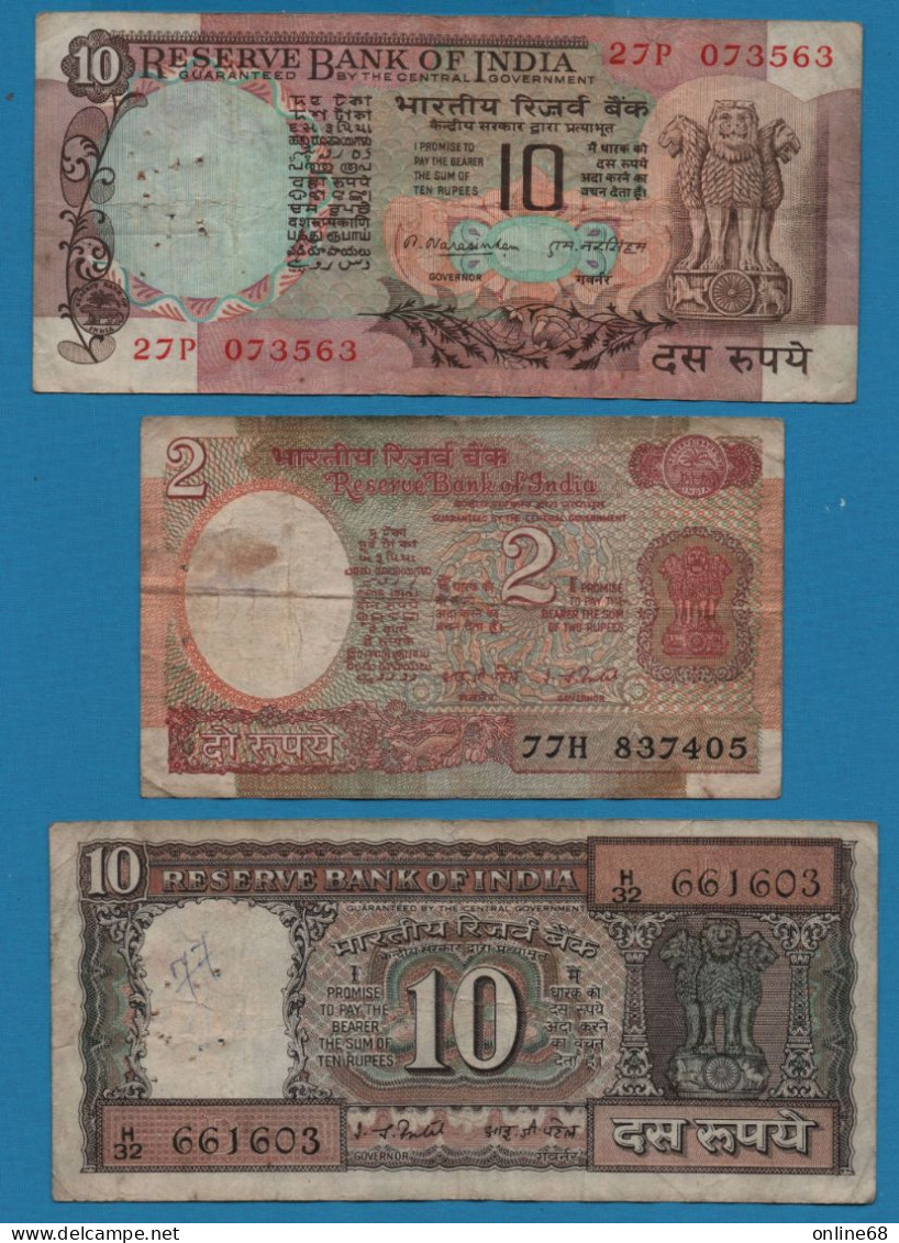 LOT BILLETS 3 BANKNOTES:  INDIA 2 + 10 RUPEES - Vrac - Billets