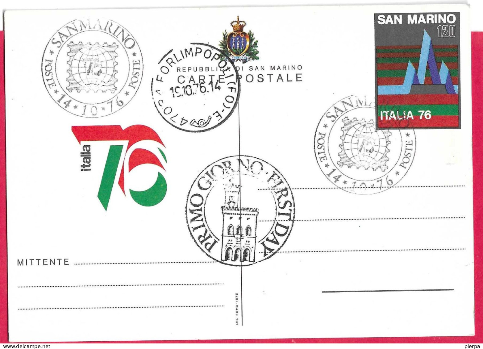 SAN MARINO - CARTOLINA POSTALE ITALIA 76 (INT. 36) ANNULLO F.D.C. PER FORLIMPOPOLI 1976 - Entiers Postaux