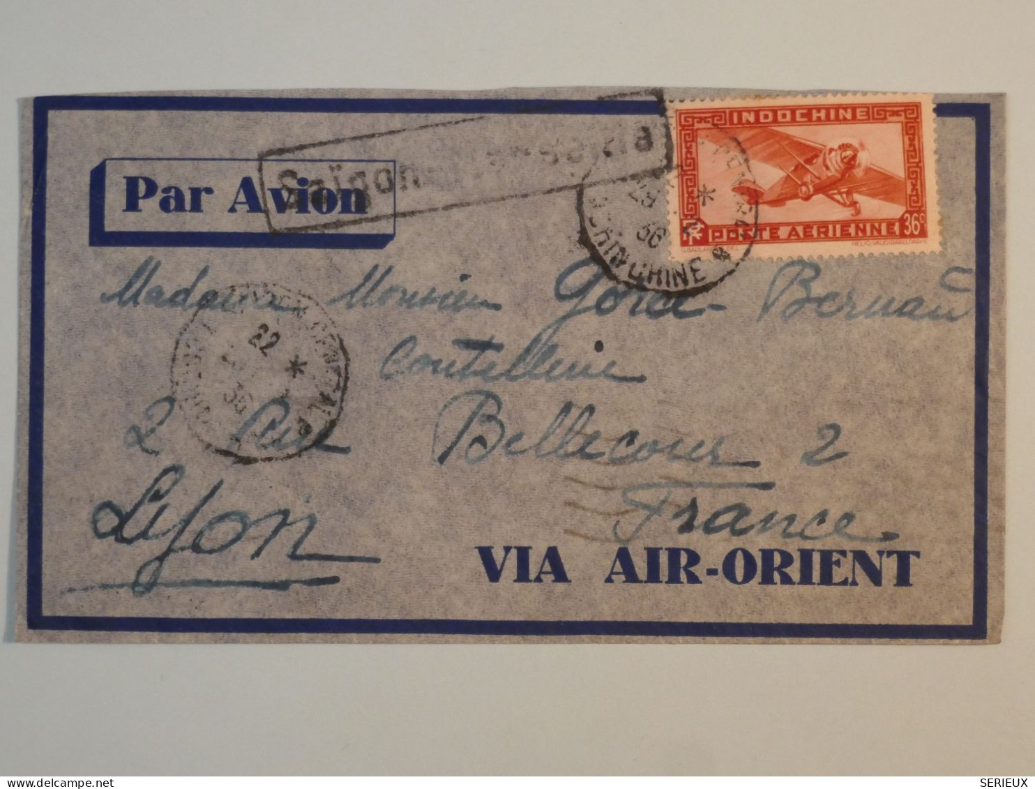 BS6  INDOCHINE BELLE LETTRE  1936 SAIGON A LYON  FRANCE +HORLOGERIE++ AFF INTERESSANT+++ - Airmail