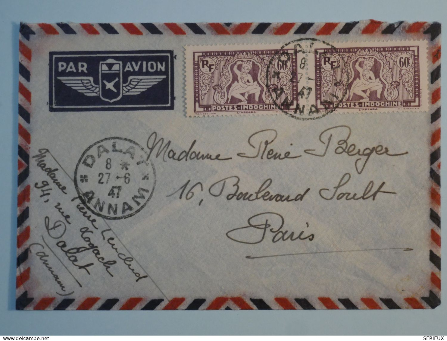 BS6  INDOCHINE BELLE LETTRE 1947 DALAT   A PARIS    FRANCE ++ AFF. PLAISANT+++ - Briefe U. Dokumente