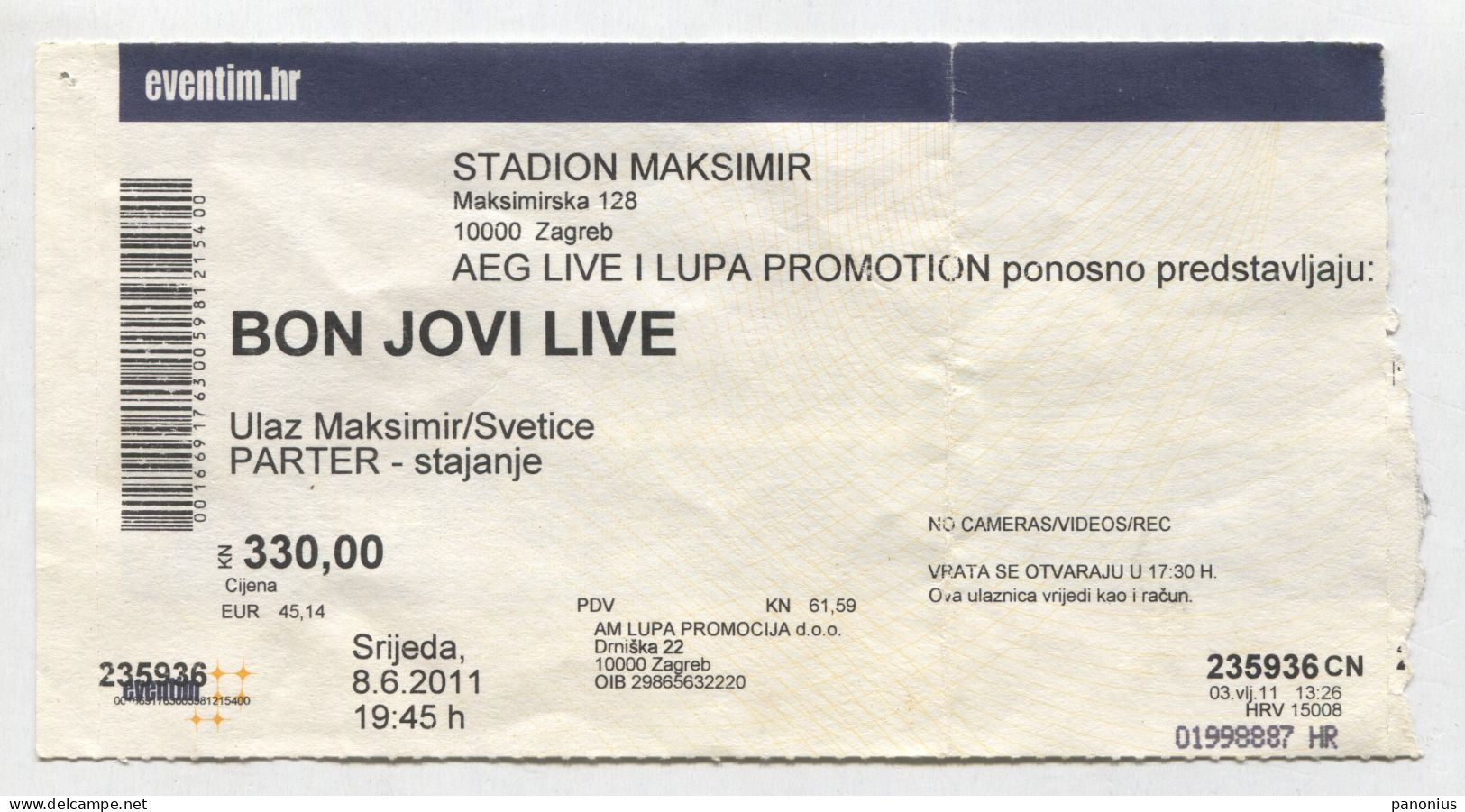 BON JOVI - Rock Band, Concert Zagreb Croatia, Ticket Billet - Tickets De Concerts