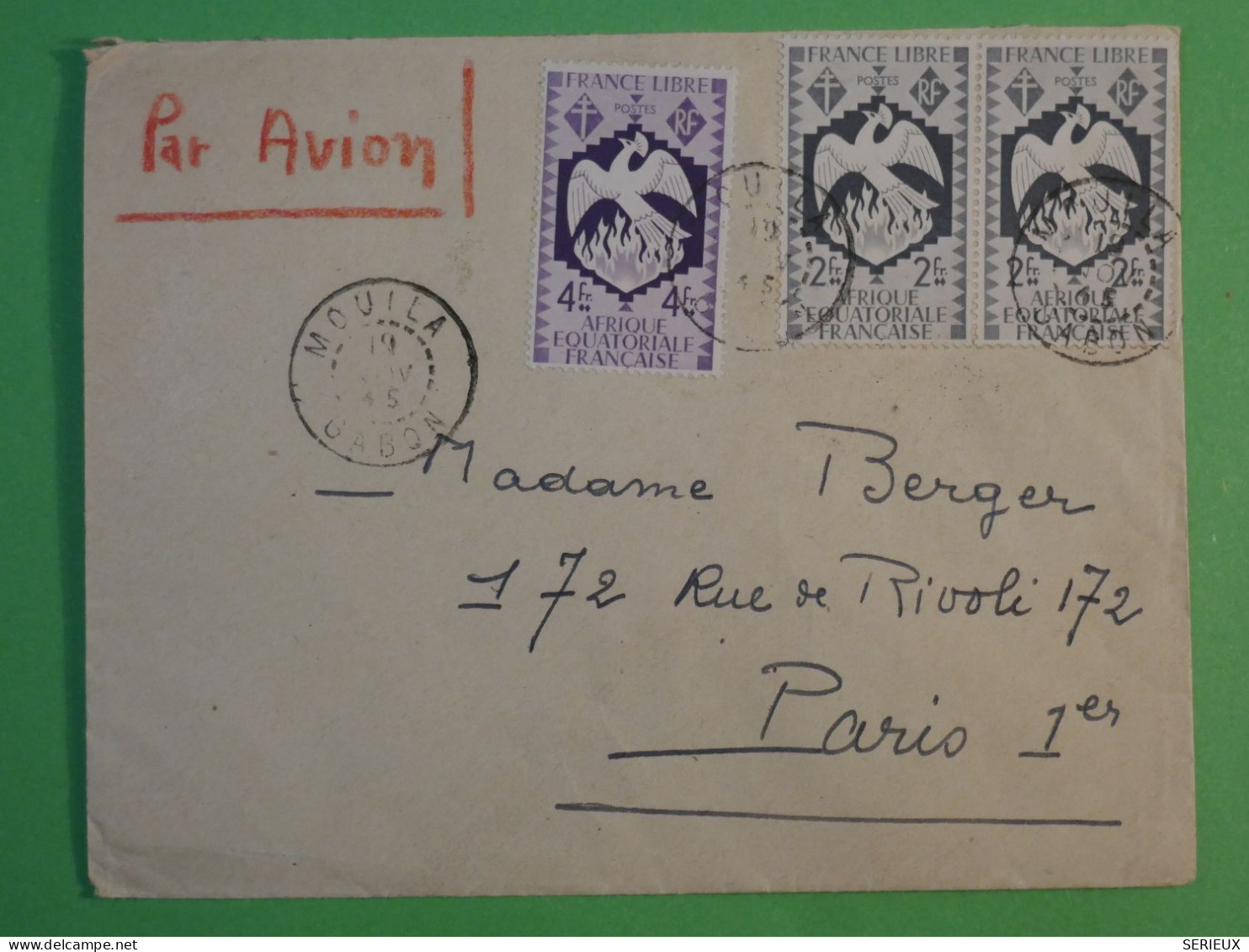 BS6 AEF GABON   BELLE LETTRE RR 1945  AIR MAIL PETIT BUREAU MOUILA  A PARIS FRANCE  + ++ AFF. PLAISANT+++ - Covers & Documents